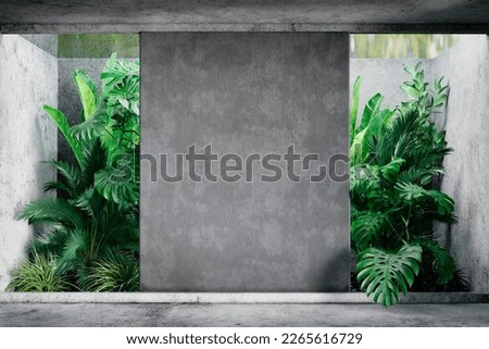 Blank concrete wall in modern empty room with tropical plant garden. Luxury house interior with green palm trees. Minimal architecture design.