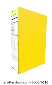 Blank Copy Space Yellow Cereal Box At An Angle. Vertical.