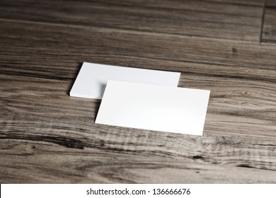 Blank Corporate Identity Template. Package Of Business Card Envelope & Letter On Wood Floor. 