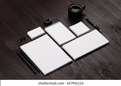 Blank corporate stationery on black stylish wood background. Branding mock up for branding, graphic designers presentations and business portfolios. - Shutterstock ID 657941116