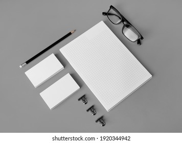 Blank Corporate Stationery Set On Gray Paper Background. Template For Branding Design. Branding Mock Up.