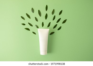 Blank cosmetics tube on the trendy mint background.Fresh green leafs around,looks like tree.Top view,concept of the natural cosmetic.Good as cosmetic mockup.