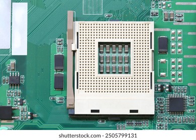Blank CPU socket on mainboard background for design in your work computer concept. 