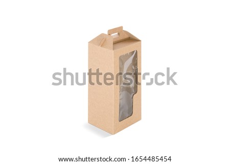 Blank craft rectangular wine box with plastic window mock up, side view. Empty kraft container for alchohol carry mockup, isolated. Clear handmade package for drink protect mokcup template.