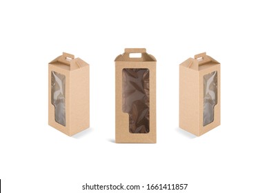 Blank Craft Wine Box With Plastic Window Mockup, Different Sides. Empty Muscat Beverage Kraft Packaging Mock Up, Isolated. Clear Carry Paperboard Cover With Hadle Mokcup Template.