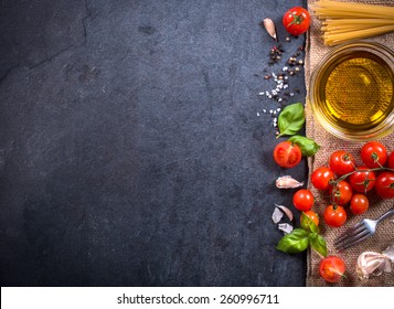 Blank Dark Board With Cooking Ingredients From Above