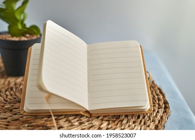 blank diary to write on copy space, on a bedroom nightstand with a green plant next to it