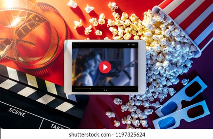 Blank Digital Tablet, Popcorn, 3D Glasses And Filmstrip, Cinema And Movie Online Streaming Concept