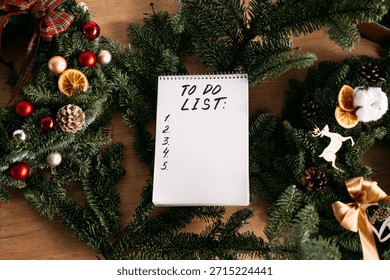 Blank to do list on a notepad surrounded by festive evergreen decorations. Personal productivity, seasonal planning, mental clarity, holiday organization