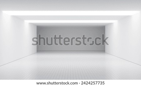 Blank empty corridor - white background empty room illuminated, large white room background and white walls and tile flooring empty space. white background abstract place, design interior room.