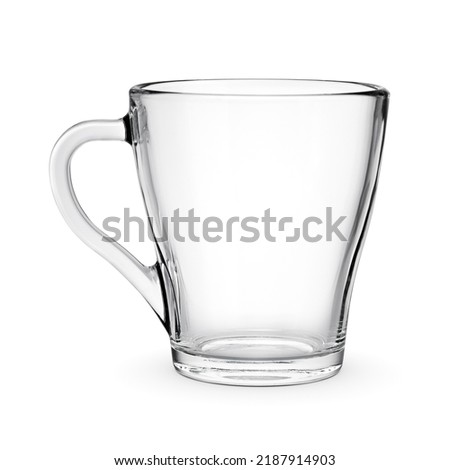 Blank empty glass transparent coffee or tea mug isolated on white background.
