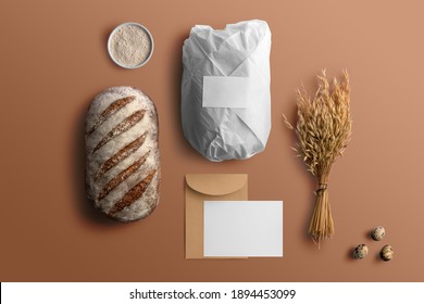 Blank envelope and card with bread, bakery branding mockup, empty space to display your logo or design.