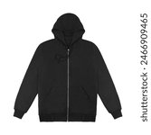 Blank flat black zipper hoodie. Hoodie sweatshirt with long sleeve flatlay mockup for design and print. Hoody front and back top view isolated on white background