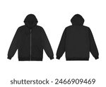 Blank flat black zipper hoodie. Hoodie sweatshirt with long sleeve flatlay mockup for design and print. Hoody front and back top view isolated on white background