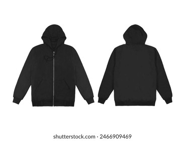 Blank flat black zipper hoodie. Hoodie sweatshirt with long sleeve flatlay mockup for design and print. Hoody front and back top view isolated on white background