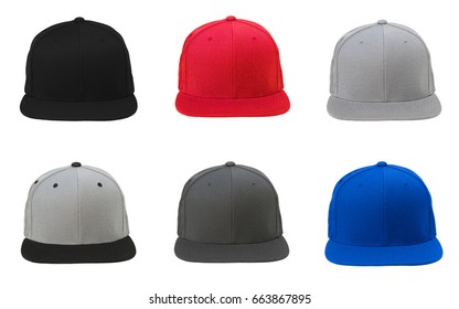 Blank Flat Snap Back Hat 6 Set On White Background