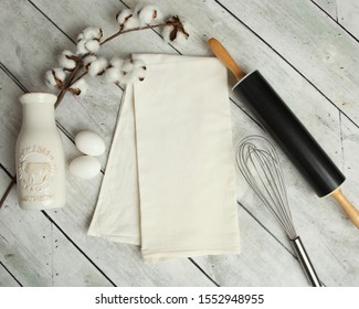 Blank Flour Sack Kitchen Towel Mockup Photo On A Farmhouse Rustic Background