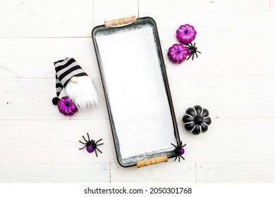 Blank Flour Sack Tea Towel On White Background With Pumpkins And Spiders, Halloween Kitchen Decor Mockup