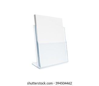 Blank Flyer Mockup Glass Plastic Transparent Holder Isolated. Plain Flier Stand. Clear Brochure Holding. Clean Sheet Mock Up Design Presentation. Shows Flyer. Pamphlet Design. Empty Paper Template.