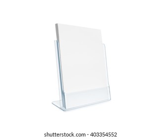 Blank Flyer Mockup Glass Plastic Transparent Holder Isolated. Plain Flier Stand. Clear Brochure Holding. Clean Sheet Mock Up Design Presentation. Shows Flyers. Pamphlet Design. Empty Paper Template.