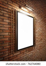 A Blank Frame On Brick Wall With Lamp. Mockup Poster Blank Marketing On The Wall. View Angle Mockup Poster On The Wall.