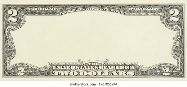 Blank front sample of US two dollar banknote with full empty middle area. Blank obverse side two dollar bill for design purposes. Mockup for your picture and text.