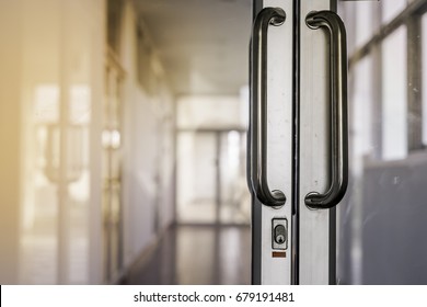 Blank Glass Door With Metal Handles. Entrance. Opened Luxury Hall Doorway With Transparent Surface 