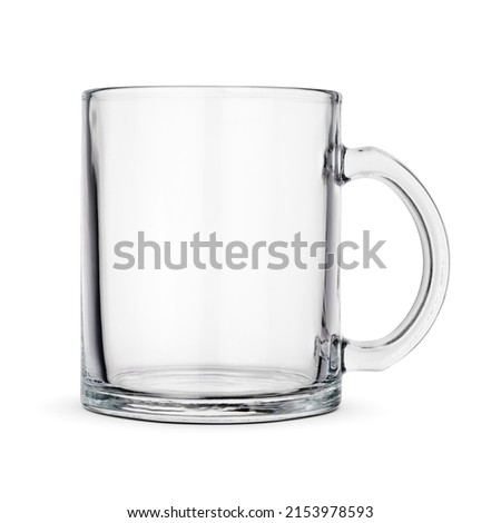 Blank glass transparent coffee or tea mug isolated on white background.