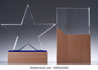 Blank Glass Trophy Mockup, Empty Acrylic Award Design Mock Up. Transparent Crystal Prize Plate Template. 