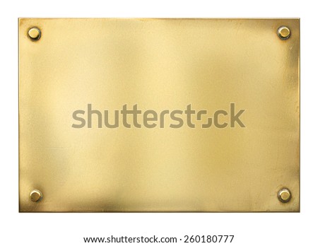 blank gold or brass metal sign or nameboard isolated on white