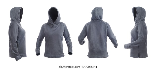 Blank gray hoodie with raised hood leftside, rightside, frontside and backside isolated on a white background - Shutterstock ID 1472075741