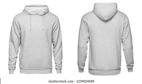Blank gray mens hoodie sweatshirt long sleeve with clipping path, mens hoody with hood for your design mockup for print, isolated on white background. Template sport winter clothes.