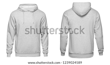 Blank gray mens hoodie sweatshirt long sleeve with clipping path, mens hoody with hood for your design mockup for print, isolated on white background. Template sport winter clothes.