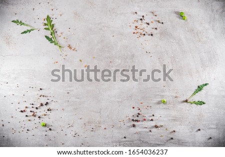Blank gray stoned table. Food invitation. Ready to serve and cook fresh meal. Copy empty space. Topview - up high overhead
