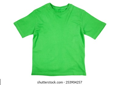 Blank Green Cotton Child's Sized Tshirt Isolated On A White Background