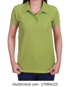 Blank Green Polo Shirt On Woman Isolated On White Background