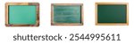 The blank green school chalkboard is isolated on a white background. A set of three wooden-framed green chalkboards in various styles and conditions, showcasing different designs and textures suitable