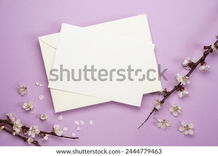 Blank greeting card, envelope on a purple background with blossoming tree branches. Feminine still life composition. Flat lay, top view, copy space. Mock up.