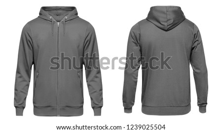 Blank grey male hoodie sweatshirt long sleeve with clipping path, mens hoody with zipped for your design mockup for print, isolated on white background. Template sport winter clothes.