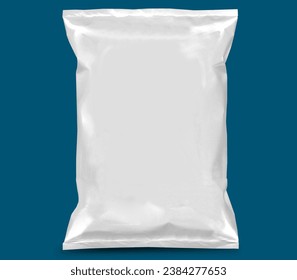 Blank or Grey Plastic Chips Bag Snack Packaging for Mockup template. Food snack, Chips, Cookies, Peanuts, Candy. Isolated on Blue background