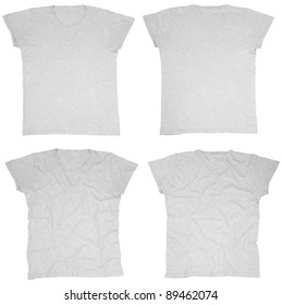 Blank Grey T-shirts Front And Back, Ironed And Wrinkled Isolated On White, Clipping Path Included