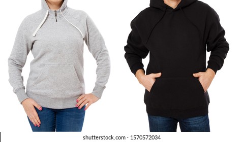 Blank greyblack sweatshirt mock up isolated. Couple wear dark hoodie mockup. Plain hoody design presentation. Clear grey loose overall model. Pullover for print. Man clothes grey sweatshirt template