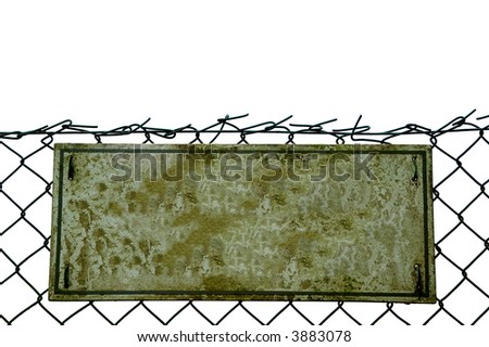 Blank Grungey old sign on a chainlink fence, isolated on white.