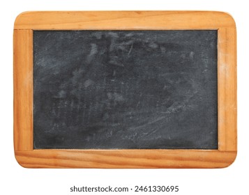 blank grungy vintage wooden blackboard or chalkboard isolated over a white background, back to school design element or textured backdrop for any kind of announcement, copyspace for your text
