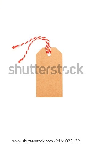 Blank hanging gift tag made from brown kraft paper with red twine. Design element. White background.