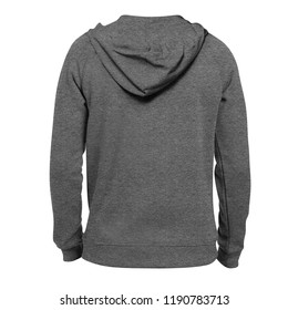 Blank Hoodie Heather Grey Color In Back View Suitable For Mockup. Isolated On White Background