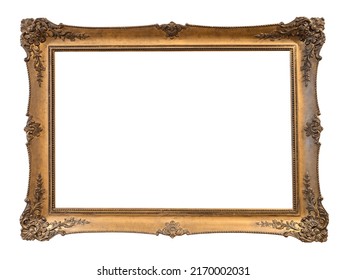 blank horizontal old baroque golden picture frame cutout on white background