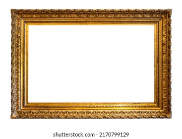 blank horizontal old carved gold picture frame cutout on white background
