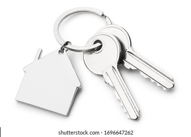 Blank house shaped keychain with two keys, isolated on white background