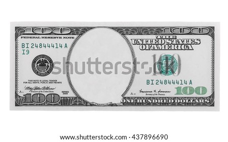 blank hundred dollars bank note isolated on white background, with clipping path
